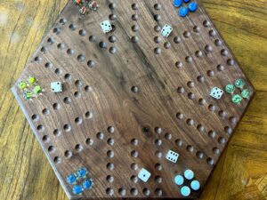 Handmade 6-player wahoo/aggravation board game in walnut (top view)
